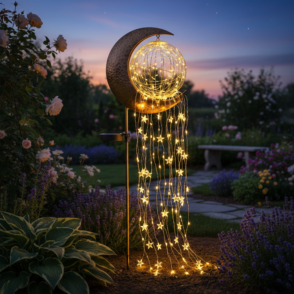 Lampada solare decorativa effetto luna con fate per giardino